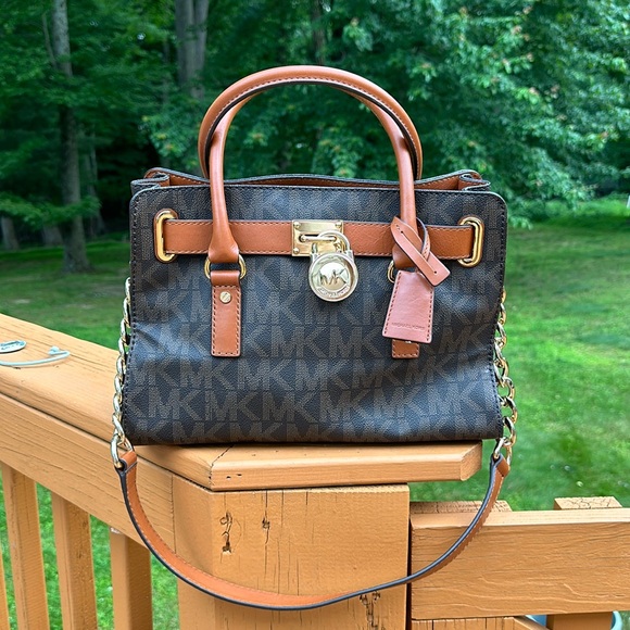 Michael Kors Hamilton Satchel Bag with Gold Chain - Brown - Picture 1 of 15